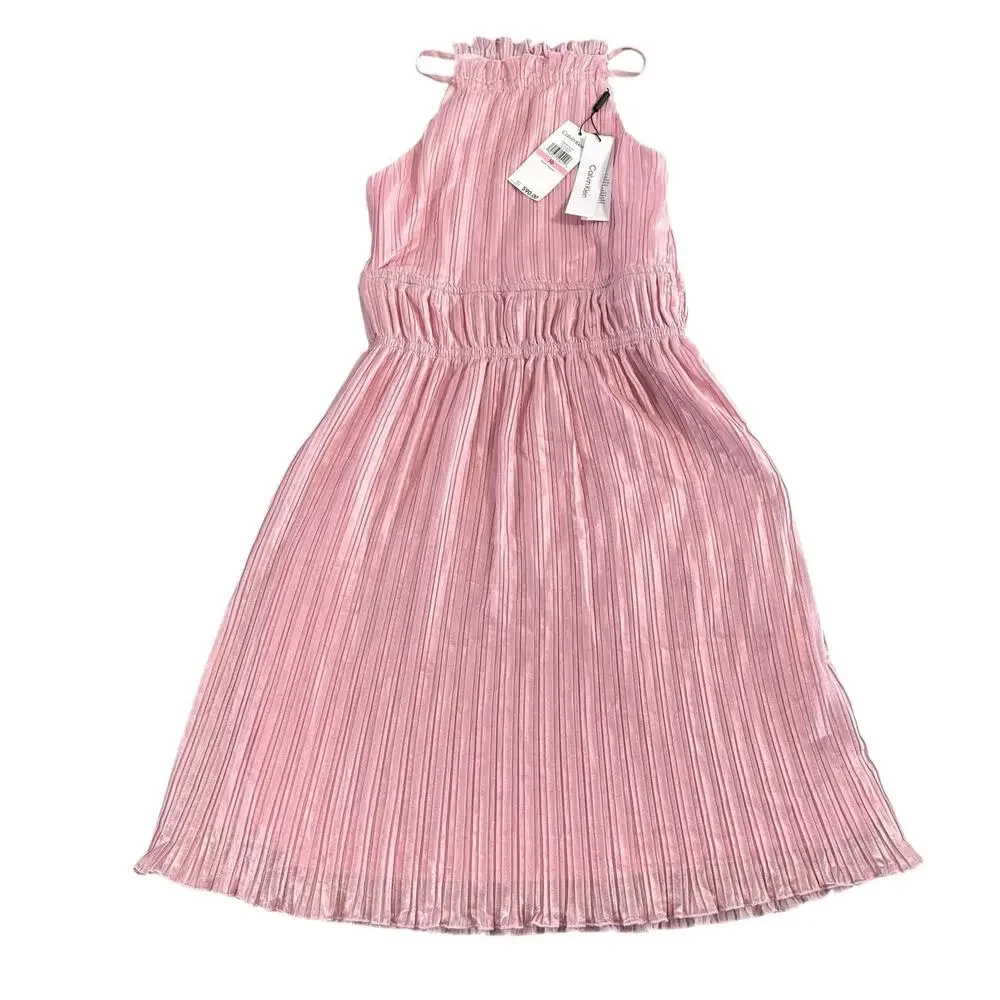 Calvin Klein Kids Shirred Shimmer Pink Midi Dress Girls Size 10